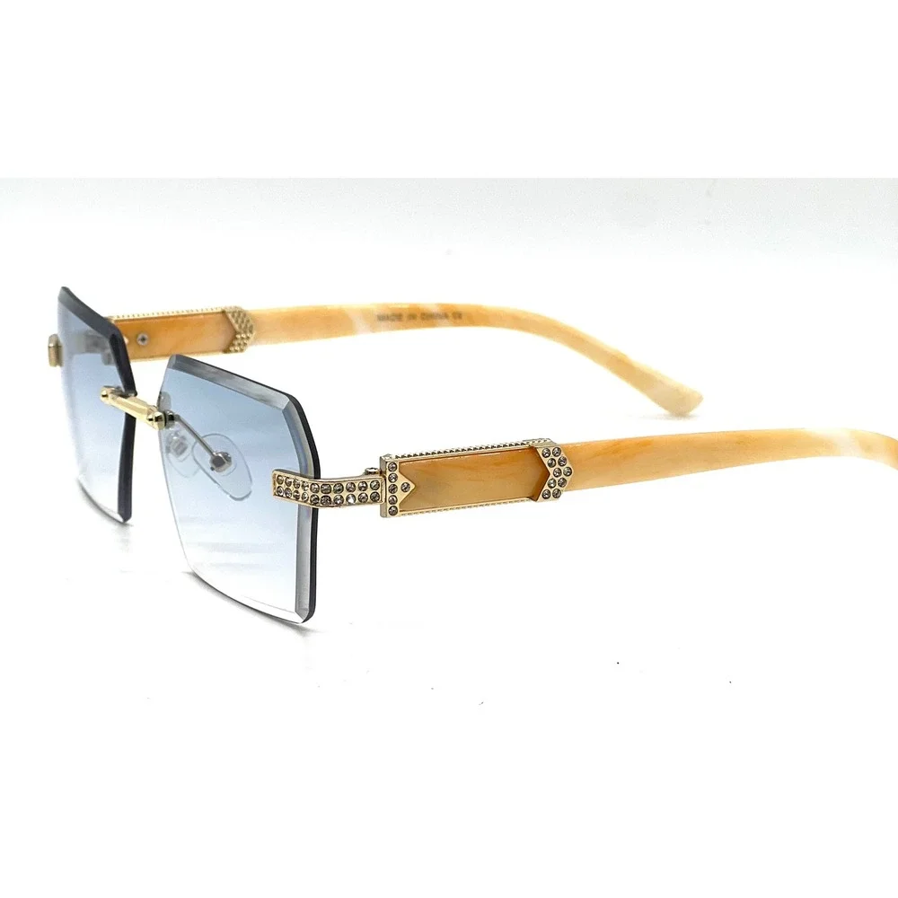 Rimless Sunglasses Octagon Lens Rhinestone Accents Wood Arms Fashion‎